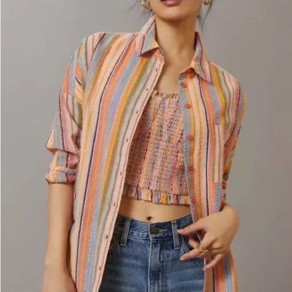 Pilcro Anthropologie NWT XXS / XS Long Sleeve Boyfriend Stripe Button‎ Up Shirt - Picture 1 of 12